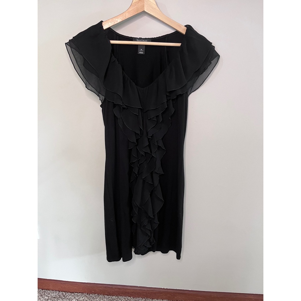 White House‎ Black Market Black Ruffle Front Sheath Dress Womens Med Sleeveless